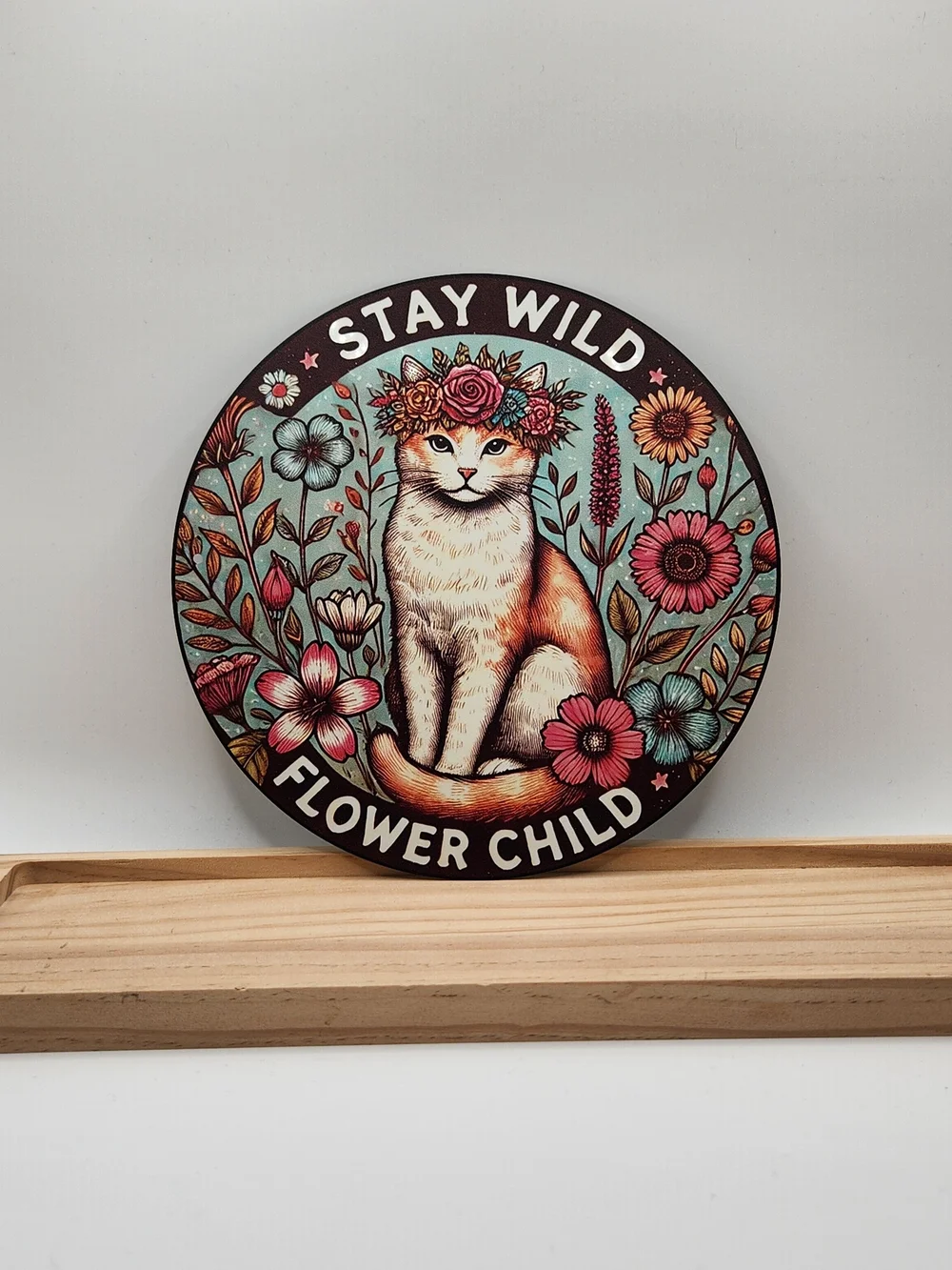 Stay Wild Flower Child Cat Round Wall Art - Multicolor